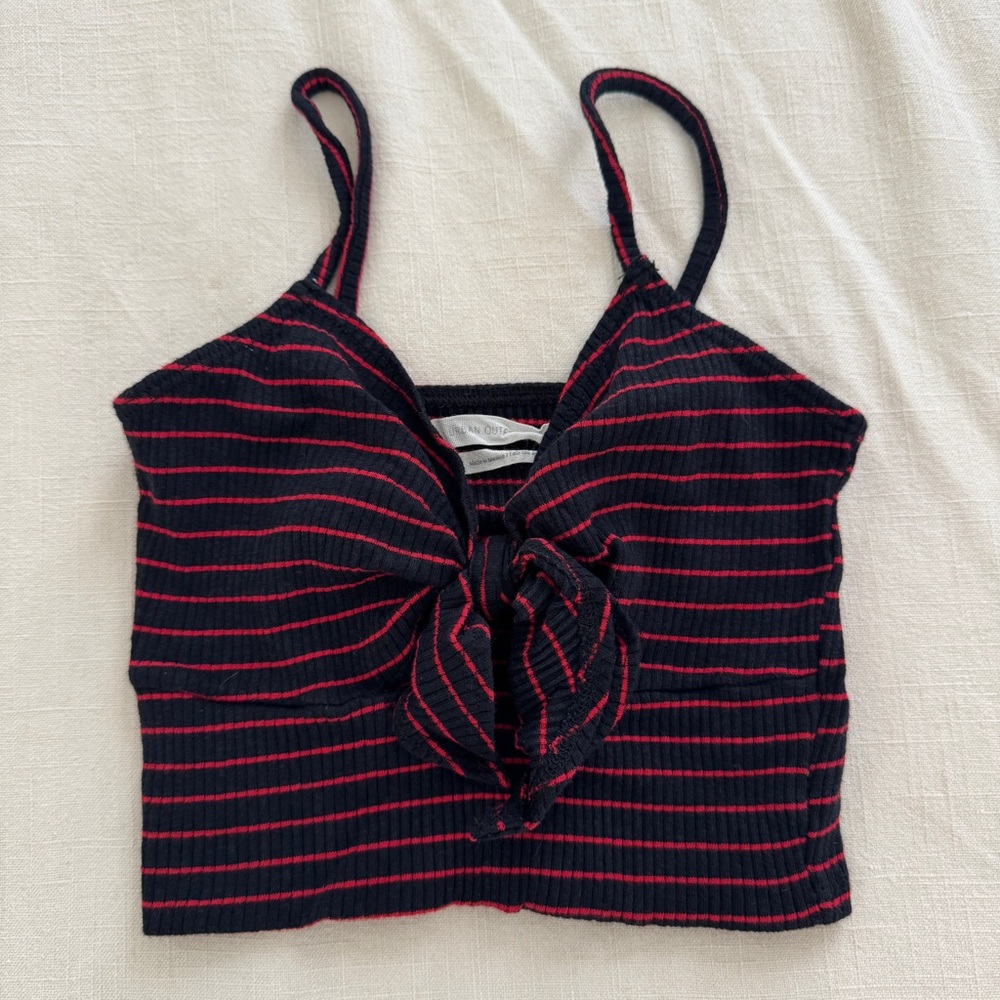 Urban Outfitters Jamie Tie-Front Cropped Cami - Black/Red Striped Tank, Size XS